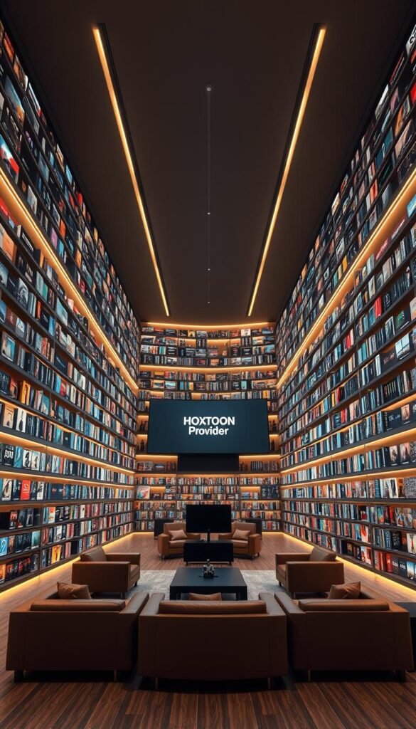 Massive 3D interior of a sleek, modern HOXTOON Provider VOD library. Towering shelves filled with 150,000+ movie and TV show titles in crisp 4K resolution. Warm ambient lighting casts a cozy glow, illuminating the clean lines and minimalist design. Comfortable leather chairs and sofas invite visitors to browse the extensive collection. In the center, a large curved display showcases the Hoxtoon Provider brand and logo. Smooth camera movement reveals the scale and depth of this expansive digital media archive, a cinematic temple of entertainment.