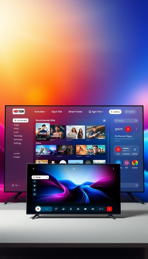 Photorealistic high-quality user interface of the Hoxtoon Provider streaming platform, with a clean and intuitive layout. In the foreground, a sleek media player displaying vivid video content, surrounded by various interactive elements such as channel guides, search bars, and customizable settings. The middle ground features a modern dashboard showcasing recommended titles, user profiles, and smart home integration. The background subtly blends gradient colors and gentle bokeh effects, creating a visually striking and immersive experience. Realistic lighting, depth of field, and attention to detail elevate this digital interface to a level of sophistication and user-friendliness. Photorealistic high-quality user interface of the Hoxtoon Provider streaming platform, with a clean and intuitive layout. In the foreground, a sleek media player displaying vivid video content, surrounded by various interactive elements such as channel guides, search bars, and customizable settings. The middle ground features a modern dashboard showcasing recommended titles, user profiles, and smart home integration. The background subtly blends gradient colors and gentle bokeh effects, creating a visually striking and immersive experience. Realistic lighting, depth of field, and attention to detail elevate this digital interface to a level of sophistication and user-friendliness.