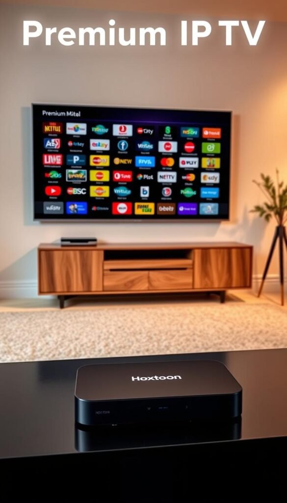 Premium IPTV channels showcased in a sleek, modern setting. A large, high-resolution display in the foreground showcases a diverse array of channel logos and thumbnails, presented with a crisp, vibrant quality. In the middle ground, a stylish media console houses the Hoxtoon Provider streaming device, its sleek design and subtle branding complementing the premium aesthetic. The background features a minimalist, yet elegant living room setting, with warm lighting and clean lines creating a cozy, inviting atmosphere. The overall composition conveys a sense of sophistication, technological advancement, and the promise of an elevated streaming experience.