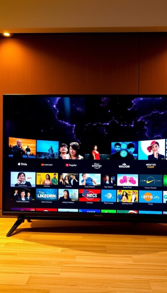 Pristine 8K resolution with crystal clear HD channels, showcasing the technical superiority of Hoxtoon Provider's IPTV service. Sleek black television displays vivid, lifelike imagery, bathed in warm yet focused lighting that highlights intricate details. Seamless integration of multiple channels on the screen, creating a visually immersive experience. Meticulously crafted camera angles and lenses capture the premium quality, inviting the viewer to lose themselves in the exceptional viewing experience.