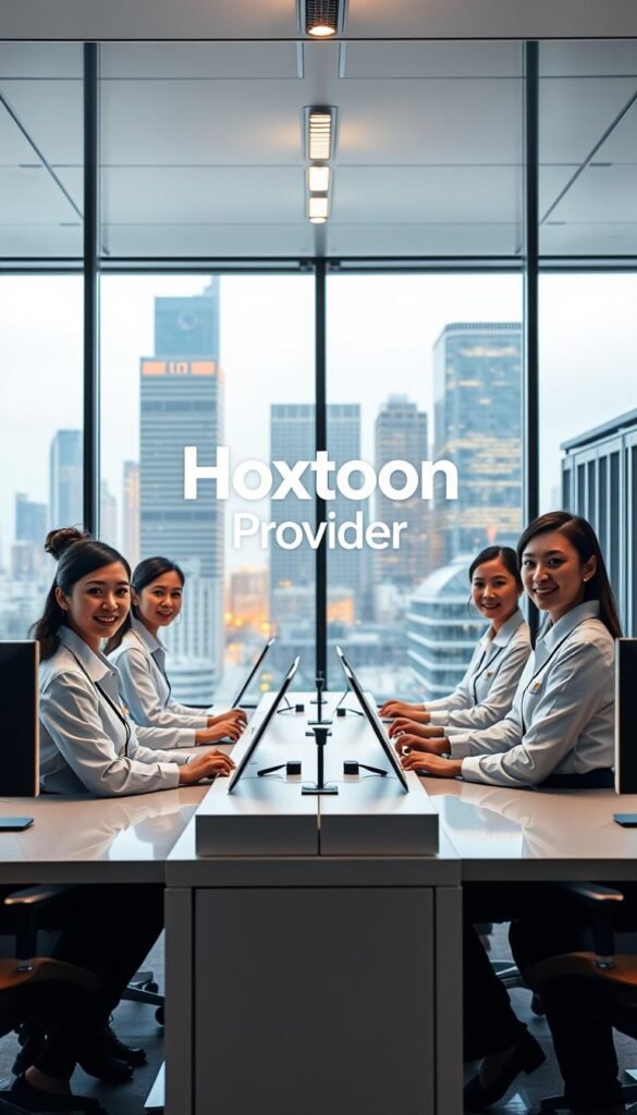 Pristine glass-fronted office space, sleek and modern, with a large window overlooking a bustling city skyline. In the center, the Hoxtoon Provider logo shines brightly, a symbol of reliable IPTV streaming services. Technicians in crisp uniforms assist customers at minimalist workstations, their faces reflecting the high-quality customer support they provide. Soft, warm lighting creates a welcoming atmosphere, while state-of-the-art equipment and servers hum discreetly in the background, ensuring consistent and seamless streaming experiences.