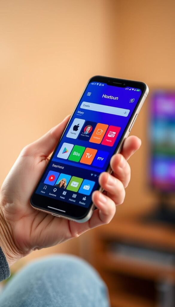 Prompt A close-up view of a user's hand holding a modern smartphone, displaying the Hoxtoon Provider IPTV premium app interface. The app features a sleek, minimalist design with vibrant colors and intuitive navigation. The background is blurred, creating a sense of focus on the app's user experience. The lighting is soft and warm, conveying a sense of comfort and satisfaction. The image captures the essence of a successful, real-world user interacting with the high-quality Hoxtoon Provider IPTV app.