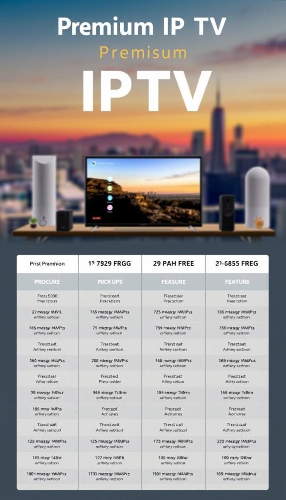Prompt A detailed, visually striking infographic showcasing the premium IPTV pricing plans offered by Hoxtoon Provider. The foreground features a grid of plan options with clear, legible pricing details, icons, and feature descriptions. The middle ground includes a sleek, modern device mockup displaying the IPTV interface. The background is a softly blurred, high-resolution cityscape or landscape, conveying a sense of premium quality and high-end entertainment. The overall composition is clean, balanced, and optimized for easy comprehension, with a professional, upscale aesthetic.