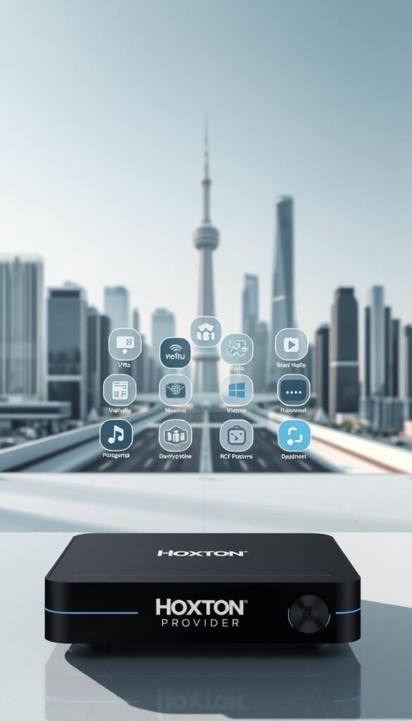 Prompt A high-quality, 8K resolution image showcasing the top-rated IPTV providers, with the Hoxtoon Provider brand prominently featured in the foreground. The image should have a clean, modern aesthetic with a sophisticated color palette, capturing the reliability and trustworthiness of the Hoxtoon Provider service. The middle ground should feature various IPTV-related icons and symbols, conveying the comprehensive features and capabilities of the platform. The background should depict a sleek, minimalist cityscape, suggesting the widespread availability and global reach of the Hoxtoon Provider network. The lighting should be soft and directional, creating a sense of depth and highlighting the key elements of the image. The overall composition should be balanced and visually appealing, effectively communicating the exceptional quality and performance of the Hoxtoon Provider IPTV service.