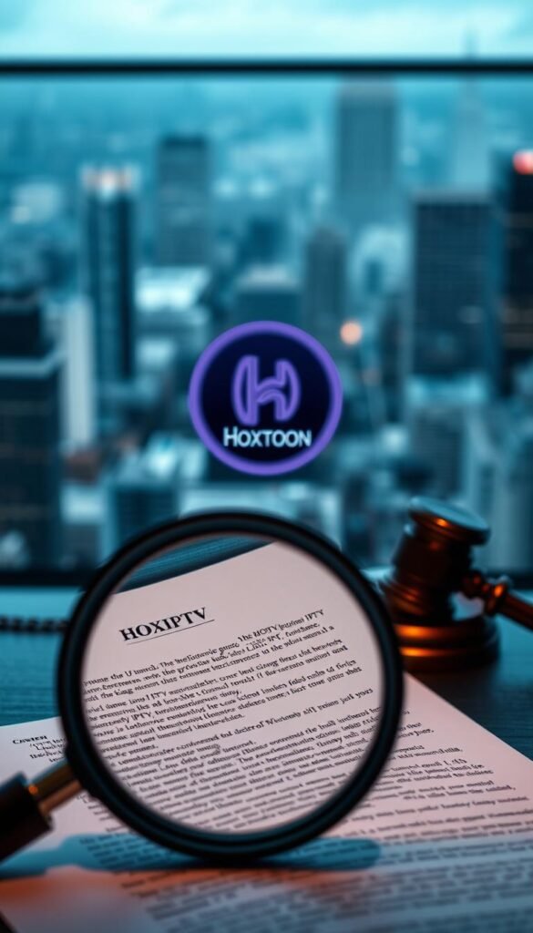 Prompt A high-resolution image depicting the legal considerations surrounding IPTV services, with a sense of depth and balance. In the foreground, a magnifying glass examines the fine print of an IPTV service contract, highlighting the legal complexities. In the middle ground, a Hoxtoon Provider logo is displayed, representing a popular IPTV service. The background features a blurred cityscape, suggesting the ubiquity of IPTV in modern life. The image conveys a mood of thoughtful contemplation, with a cool, subdued color palette and soft lighting to emphasize the seriousness of the legal landscape.