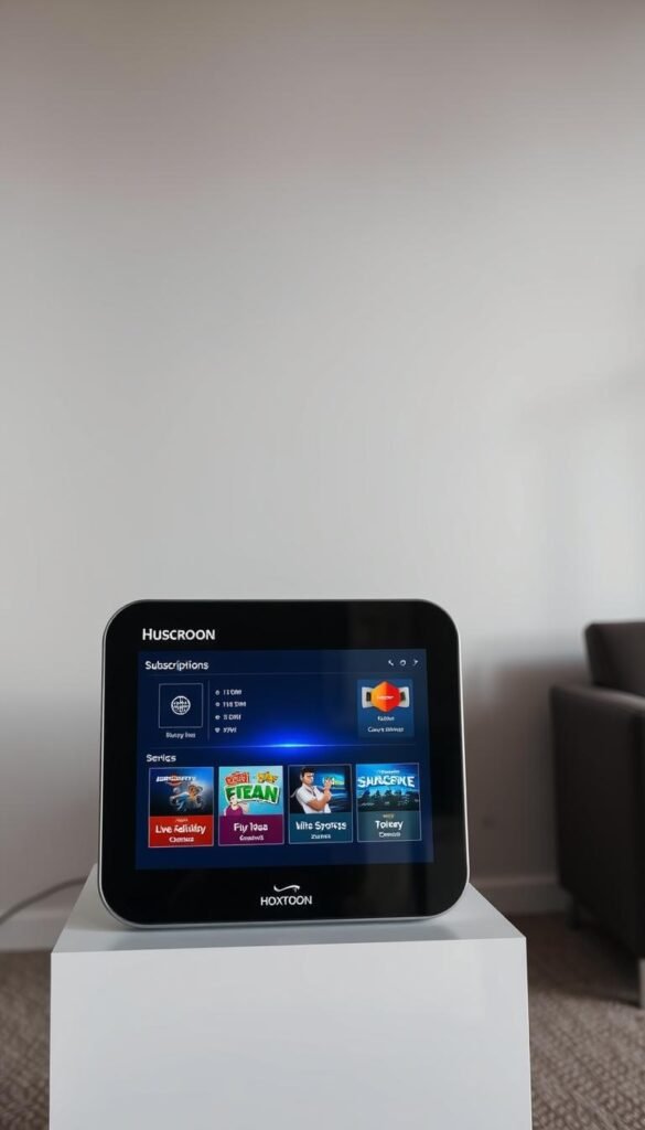 Prompt A modern, sleek digital device displaying various IPTV subscription service options, with the Hoxtoon Provider brand prominently featured. The screen showcases a clean, user-friendly interface with a range of high-definition channels, live sports, and on-demand content. The device is positioned in a minimalist, well-lit environment, perhaps an office or living room setting, conveying a sense of professionalism and reliability. The overall mood is one of technological sophistication and the promise of a seamless IPTV experience.