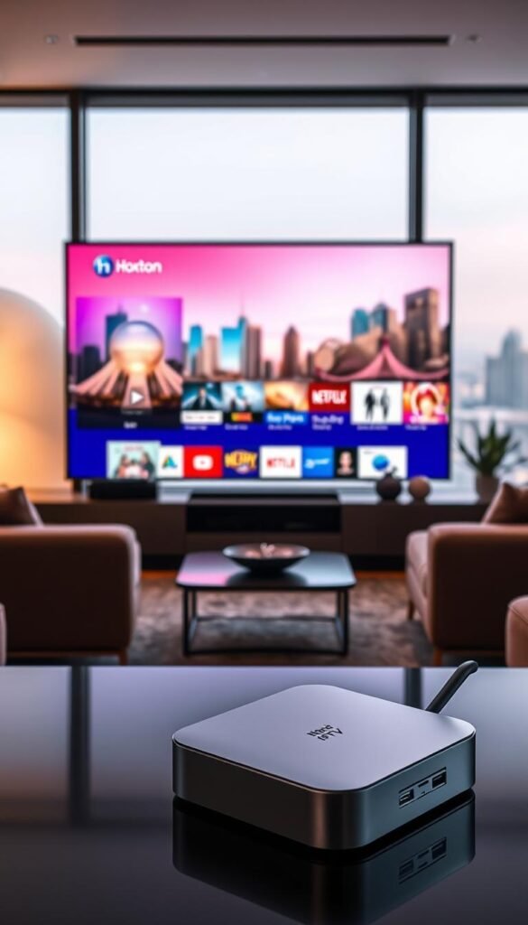 Prompt A sleek and modern home entertainment setup, showcasing the Hoxtoon IPTV service. In the foreground, a high-end smart TV displays a crisp, vibrant interface, inviting users to explore the endless entertainment options. Beside it, a compact yet powerful media streaming device, its clean design blending seamlessly into the minimalist decor. The middle ground features a comfortable living space, with plush seating and warm, ambient lighting, creating an immersive viewing experience. In the background, a large window offers a glimpse of a cityscape, hinting at the boundless content and global reach of the Hoxtoon Provider platform. The overall scene conveys a sense of modern luxury, technological sophistication, and the convenience of accessing a world of entertainment at the fingertips.