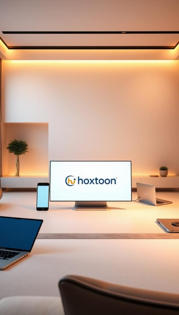 Prompt A sleek, modern interior with a minimalist aesthetic. In the foreground, a central display showcases the Hoxtoon Provider brand, surrounded by a variety of smart devices - a smartphone, tablet, laptop, and smart TV - all seamlessly connected and interacting with each other. Warm, ambient lighting illuminates the scene, creating a sense of harmony and technological integration. The middle ground features clean, geometric lines and a neutral color palette, emphasizing the versatility and compatibility of the Hoxtoon Provider platform. In the background, a subtle gradient or architectural details provide a sense of depth and sophistication, reflecting the advanced nature of the multi-device compatibility.