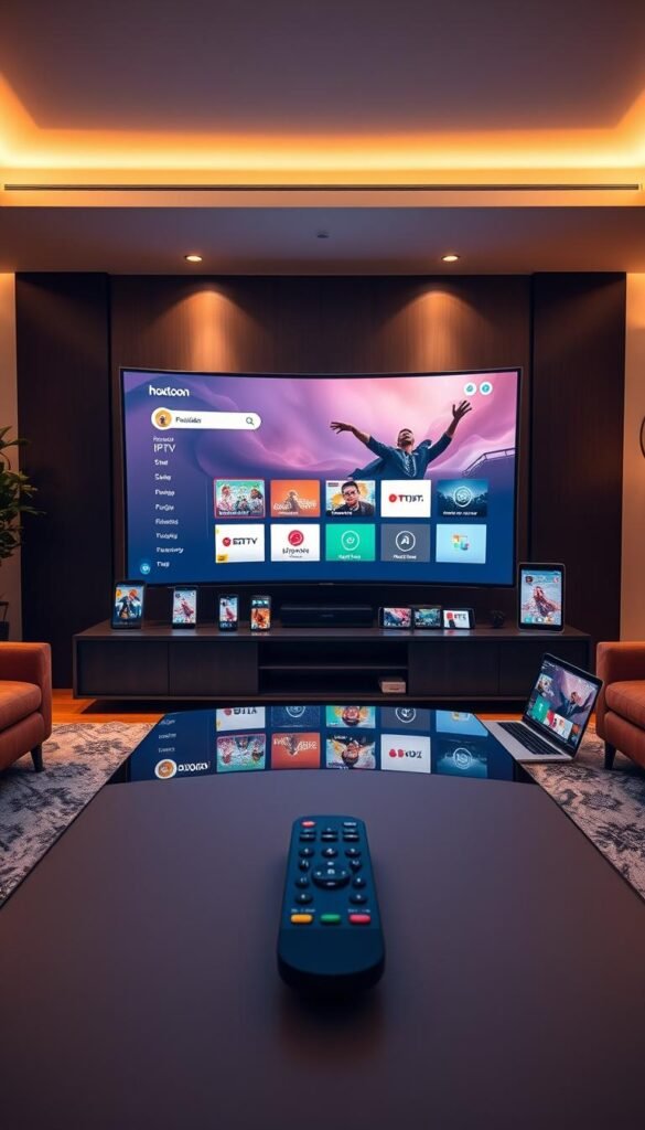 Prompt A sleek, modern living room with a large, curved smart TV screen showcasing the Hoxtoon Provider interface, surrounded by a range of devices including smartphones, tablets, and a laptop, all seamlessly connected and streaming content simultaneously. The room is bathed in a warm, ambient lighting, creating a cozy and inviting atmosphere. In the foreground, a stylish coffee table holds a remote control, highlighting the multi-device compatibility of the Hoxtoon Provider IPTV service. The overall scene conveys the convenience and versatility of the Hoxtoon IPTV platform, catering to the needs of modern, tech-savvy households.