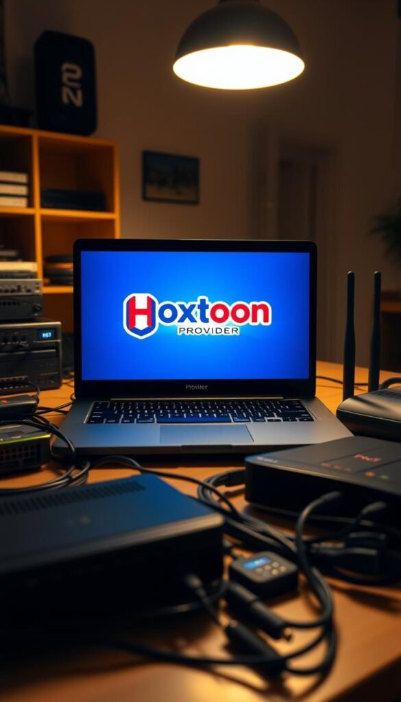 Prompt A well-lit home office setting, a laptop displaying the Hoxtoon Provider logo prominently on the screen, surrounded by reliable-looking networking equipment like routers, modems, and cables. The lighting is warm and inviting, creating a sense of professionalism and trustworthiness. The overall atmosphere conveys the idea of a secure, dependable IPTV service that prioritizes user safety and legal considerations. The scene is captured from a slightly elevated angle, emphasizing the significance of the Hoxtoon Provider brand and its reliable IPTV offering.