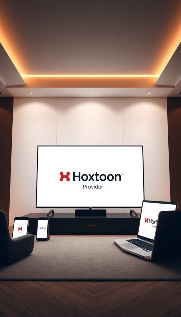 Prompt An ultra-modern and sleek multi-device compatibility scene showcasing the Hoxtoon Provider brand. In the foreground, a minimalist TV display shows the Hoxtoon logo, flanked by a smartphone, tablet, and laptop arranged in a visually appealing layout. The middle ground features a clean, white background with subtle geometric patterns, creating a sense of harmony and technological sophistication. Warm, indirect lighting casts a soft glow, highlighting the devices and creating depth and dimension. The overall atmosphere conveys the versatility, seamless integration, and cutting-edge nature of the Hoxtoon streaming service across multiple platforms.