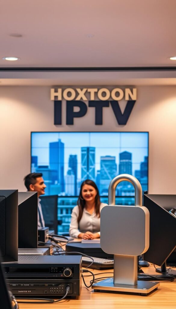 Reliable IPTV companies, a professional, modern office setting. Prominently featured, the Hoxtoon Provider logo stands tall, conveying a sense of trustworthiness and security. In the foreground, sleek electronic devices and networking equipment suggest advanced technology and reliable connectivity. The middle ground depicts smiling customer service representatives, projecting an atmosphere of competence and customer-centric service. In the background, a cityscape of skyscrapers symbolizes the scale and reach of the IPTV service, catering to a wide urban audience. Warm, neutral lighting and a clean, minimalist aesthetic create an overall impression of professionalism, dependability, and attention to detail.