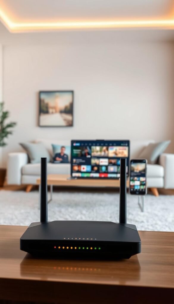 Reliable and stable IPTV service by Hoxtoon Provider. A crisp, clear image showcasing the integrity and dependability of the Hoxtoon streaming platform. In the foreground, a sleek, modern router with glowing indicator lights, symbolizing the seamless connectivity. The middle ground features a laptop and smartphone, displaying smooth, uninterrupted playback of various entertainment content. In the background, a serene, minimalist living room setting, conveying a sense of comfort and confidence in the service. Warm, diffused lighting creates a cozy, inviting atmosphere. The overall composition emphasizes the Hoxtoon Provider's commitment to reliable, high-quality IPTV experience.