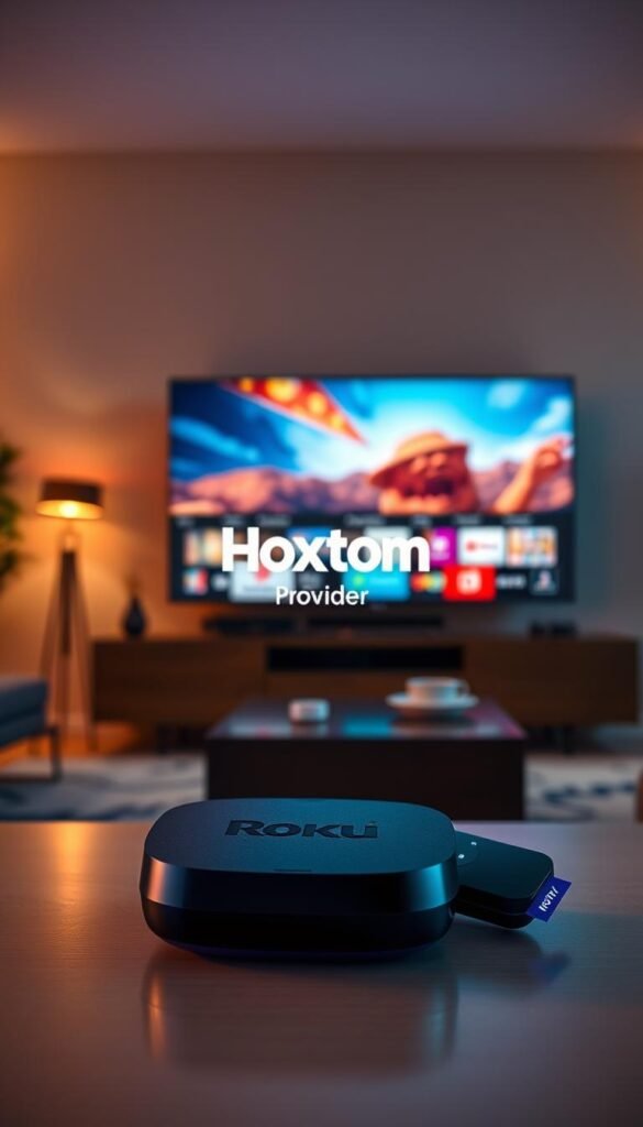 Roku IPTV service, a sleek and modern digital entertainment hub, set against a backdrop of a minimalist living room. In the foreground, the Roku device stands prominently, its clean lines and muted colors complementing the warm, ambient lighting. The middle ground features a Hoxtoon Provider logo, subtly integrated into the scene, highlighting the seamless integration of the IPTV service. In the background, a large, high-definition television displays vivid, vibrant imagery, symbolizing the evolution of TV entertainment in the digital age. The overall mood is one of sophistication, technology, and a refined, immersive viewing experience.