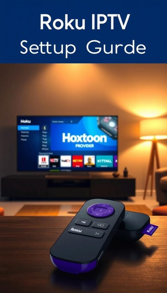 Roku IPTV setup guide, high-quality digital illustration. Sleek, modern Roku device in the foreground, with intuitive on-screen menus and interface. Middle ground showcases the Hoxtoon Provider logo, emphasizing the seamless integration. Background depicts a living room setting, warm lighting, and a Roku-enabled TV displaying streaming content. Cinematic, photorealistic style with a focus on user-friendly technology. Emphasis on the ease of Hoxtoon Provider setup and usage on the Roku platform.