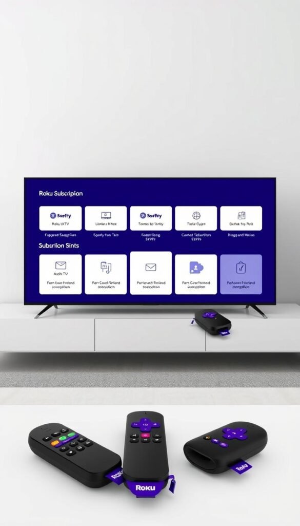 Roku IPTV subscription plans displayed on a sleek, modern interface. In the foreground, several Roku TV remote controls are arranged, showcasing the intuitive navigation. The middle ground features various subscription tiers, highlighted with clean typography and elegant icons. The background depicts a minimalist living room setting, with a Roku streaming device prominently displayed, emphasizing the integration of Hoxtoon Provider's IPTV service with the Roku platform. The overall scene conveys a sense of simplicity, accessibility, and the versatility of Hoxtoon Provider's Roku IPTV offerings.