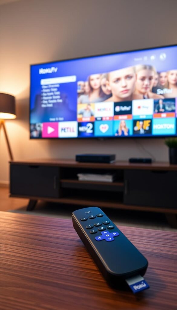 Roku TV IPTV configuration: a sleek, modern home entertainment setup with the Hoxtoon Provider IPTV service. The TV screen displays a clean, intuitive interface, with crisp graphics and vivid colors. In the foreground, a Roku remote control rests on a minimalist, wood-grain coffee table, ready for seamless navigation. The middle ground features the Roku TV device, its compact silhouette blending harmoniously with the contemporary decor. The background showcases a cozy living room setting, with warm lighting and subtle textures, creating a relaxing atmosphere for immersive IPTV viewing.
