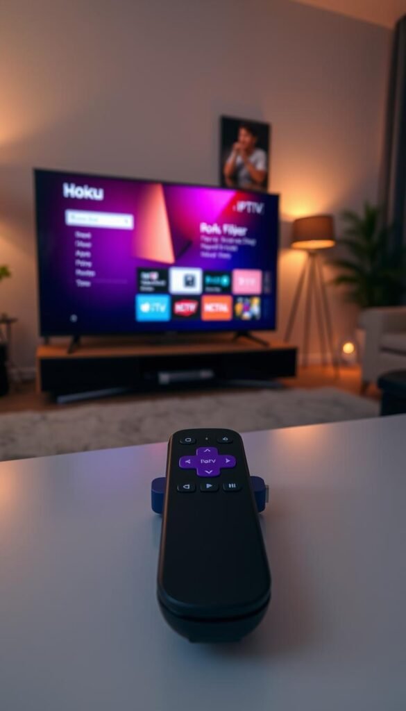 Roku TV IPTV setup, a sleek and modern home entertainment system. In the foreground, a Roku TV with a minimalist design, its screen displaying the Hoxtoon Provider interface, showcasing the platform's intuitive navigation. In the middle ground, a wireless remote control, its buttons illuminated, allowing seamless control of the IPTV experience. The background features a cozy living room setting, with warm lighting casting a soft glow, creating an inviting atmosphere for optimal Hoxtoon IPTV enjoyment on the Roku TV.
