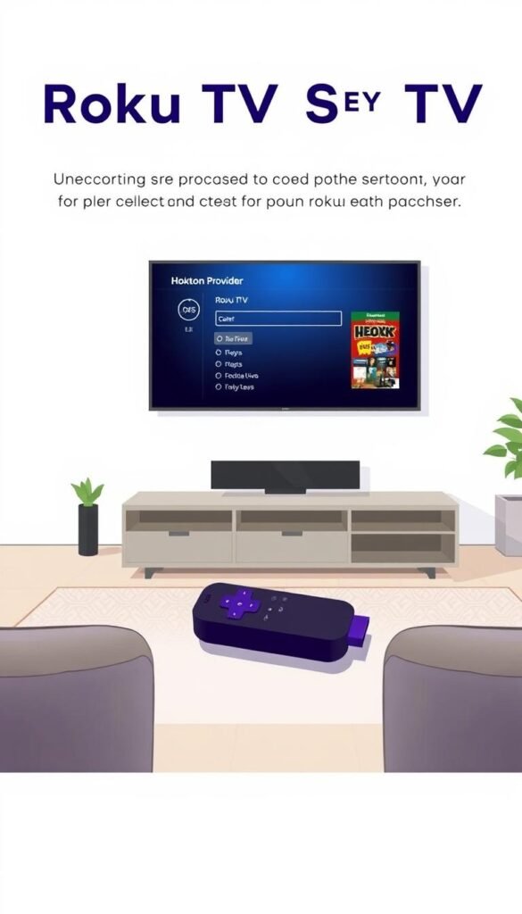 Roku TV IPTV setup guide with Hoxtoon Provider: A well-lit, high-resolution digital illustration depicting a Roku TV displaying the setup process for an IPTV service. The foreground features a close-up of the Roku TV screen, showcasing the Hoxtoon Provider interface and configuration options. The middle ground shows the Roku TV device and remote control in a modern, minimalist living room setting. The background has neutral tones and soft lighting, creating a calm, informative atmosphere. The illustration should convey a sense of simplicity and ease of use for setting up the Hoxtoon IPTV service on a Roku TV.