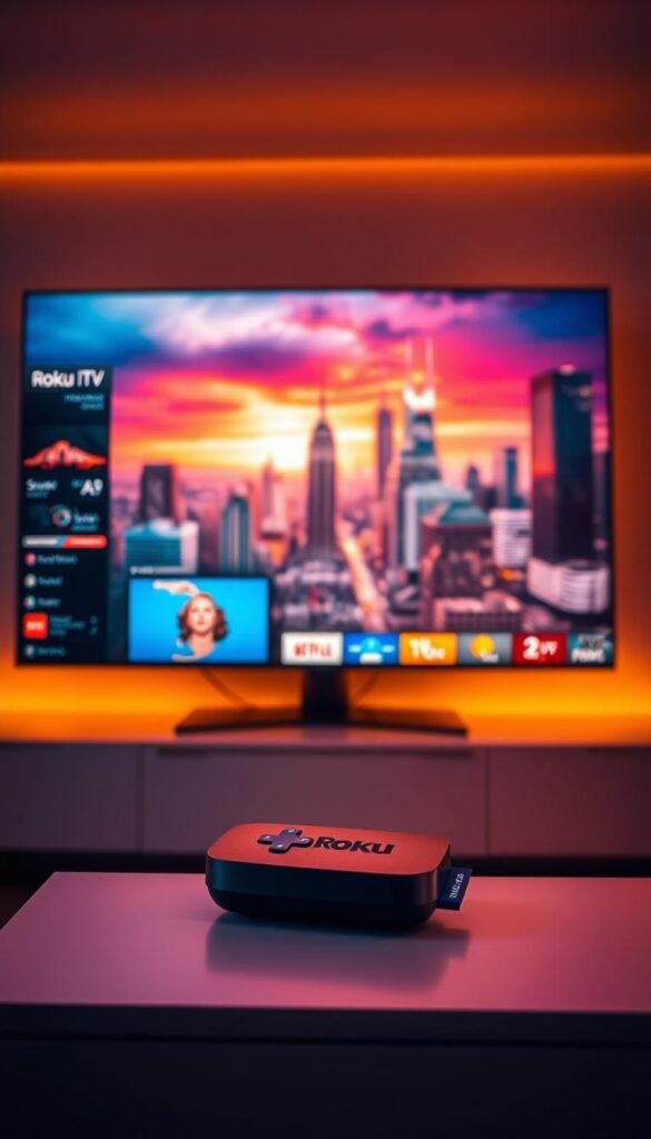 Roku TV IPTV streaming, a cutting-edge home entertainment system bathed in a warm, futuristic glow. In the foreground, the sleek Roku device rests atop a modern, minimalist entertainment unit, its iconic interface displayed on a large, high-definition television screen. The middle ground features a dynamic cityscape, with skyscrapers and digital infrastructure symbolizing the power of IPTV technology. In the background, a vibrant, saturated sky sets the mood, hinting at the boundless possibilities of this revolutionary television experience. Lighting is soft and directional, creating depth and a sense of cinematic grandeur. The overall composition conveys the seamless integration of traditional television and innovative IPTV, as embodied by the Hoxtoon Provider.