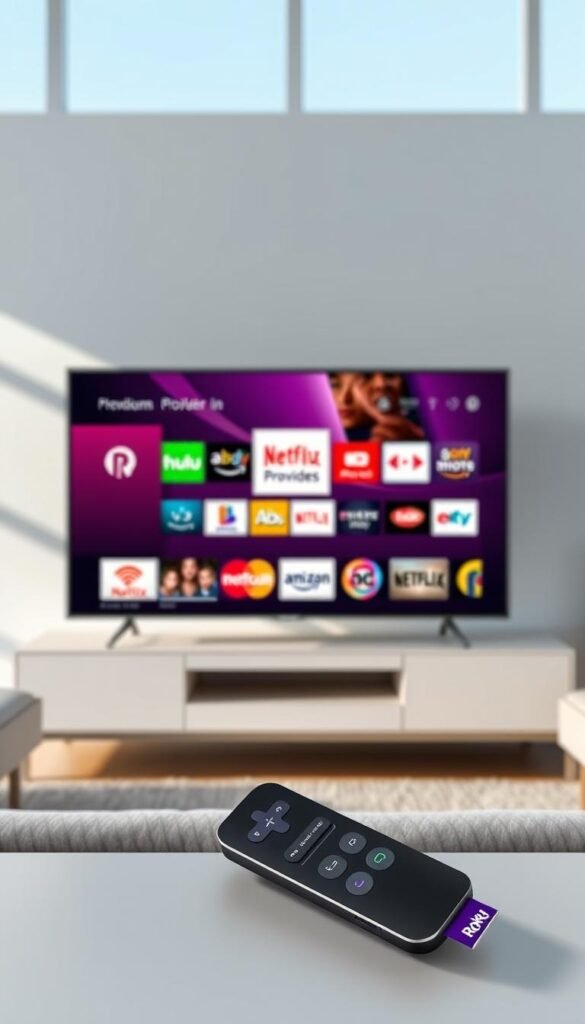 Roku TV, a sleek and modern smart TV platform, showcasing a vibrant array of IPTV apps against a backdrop of a contemporary living room. In the foreground, the Roku TV interface displays the "Hoxtoon Provider" app icon, its UI elements and colorful graphics inviting exploration. The middle ground features other popular IPTV apps like Netflix, Hulu, and Amazon Prime Video, arranged harmoniously. The background depicts a minimalist, well-lit room with floor-to-ceiling windows, allowing natural light to pour in and accentuate the TV's crisp display. The overall scene conveys a sense of seamless connectivity and a world of entertainment at the user's fingertips.
