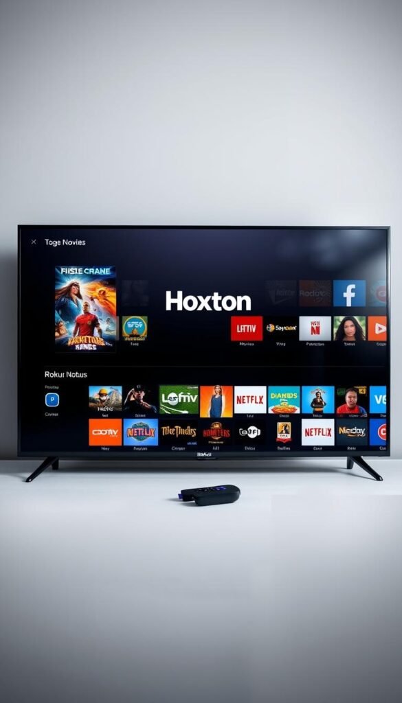 Roku TV screen displaying a diverse array of IPTV channels from the Hoxtoon Provider, showcasing its impressive content library. A sleek and modern interface with vibrant graphics and crisp icons, reflecting the high-quality streaming experience. The foreground features several channel tiles, highlighting popular genres such as movies, live TV, and sports. The middle ground showcases the Hoxtoon logo prominently, conveying the platform's branding. The background subtly fades into a minimalist, grey-toned setting, creating a clean and elegant composition. Soft, natural lighting illuminates the scene, giving it a warm and inviting atmosphere.
