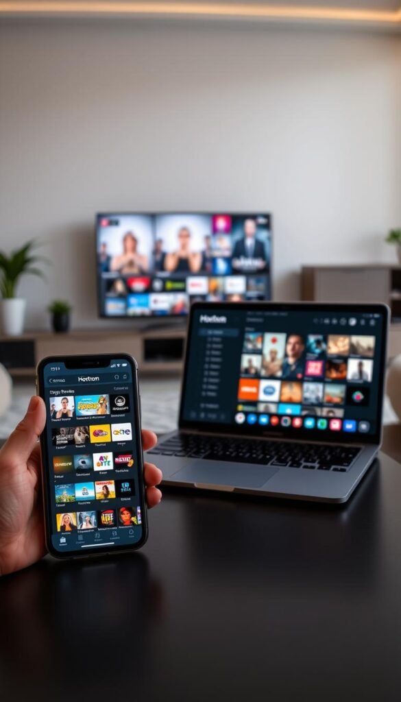 Showcasing a sleek and modern IPTV setup, the image depicts multiple devices simultaneously accessing the Hoxtoon Provider service. In the foreground, a smartphone and tablet display the Hoxtoon interface, their screens filled with a diverse array of live TV channels and on-demand content. The middle ground features a laptop and smart TV, both seamlessly integrated into the IPTV ecosystem. The background subtly incorporates a home entertainment setup, with a high-end media center and a cozy living room ambiance, conveying the idea of a fully immersive and integrated IPTV experience. The lighting is soft and natural, highlighting the devices' sleek designs and the overall sophistication of the setup. The composition emphasizes the multi-device capabilities of the Hoxtoon Provider service, showcasing its versatility and convenience for the modern, tech-savvy user.
