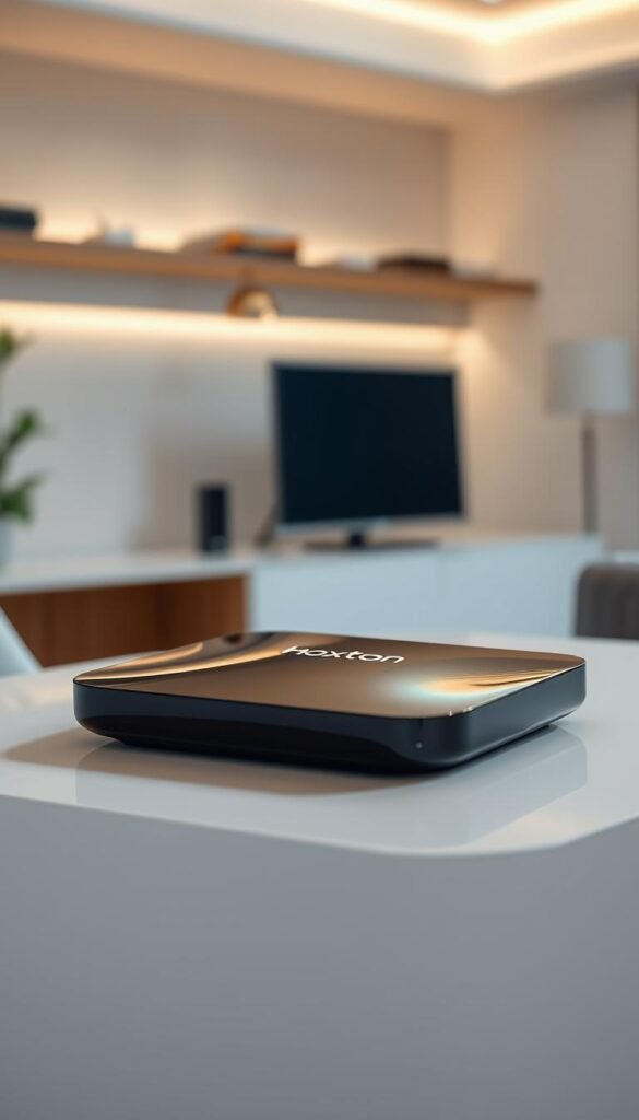 Sleek and modern IPTV device from Hoxtoon Provider, prominently displayed on a minimalist white table. The device has a clean, minimalist design with smooth curved edges and a glossy black finish. Soft, directional lighting illuminates the device, casting subtle shadows and highlights to emphasize its form. The background is a blurred, out-of-focus scene, creating a sense of depth and focus on the IPTV device. The overall atmosphere is one of sophistication, technology, and premium quality.