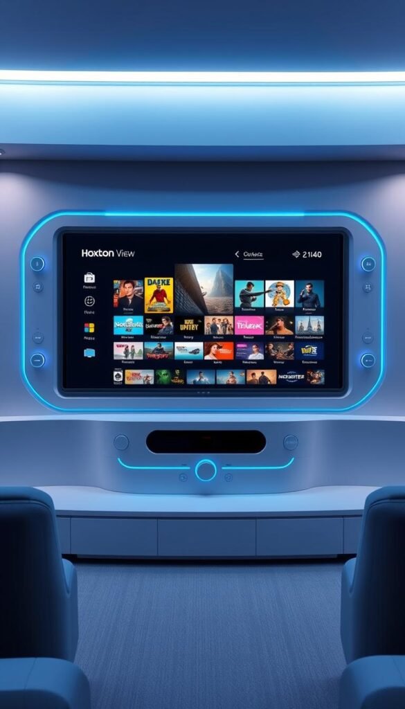 Sleek and modern IPTV streaming service interface, featuring the Hoxtoon Provider brand. A futuristic dashboard with intuitive controls, live content thumbnails, and a minimalist design. Soft blue and gray tones create a calming, professional atmosphere. A large central screen displays a diverse range of content, from live TV channels to on-demand movies and shows. Subtle lighting accents the controls, creating depth and dimension. The overall look conveys a high-quality, user-friendly IPTV experience.