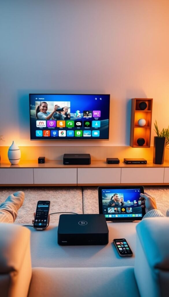 Sleek and modern home entertainment setup with multiple devices connected to a central Hoxtoon Provider IPTV system. Warm lighting illuminates the high-tech components - smart TVs, tablets, smartphones, and streaming boxes - arranged in a harmonious layout. The devices showcase Hoxtoon's seamless multi-device compatibility, allowing users to effortlessly access thousands of live channels and on-demand content across their connected home. A sense of technological sophistication and family-friendly entertainment pervades the scene.