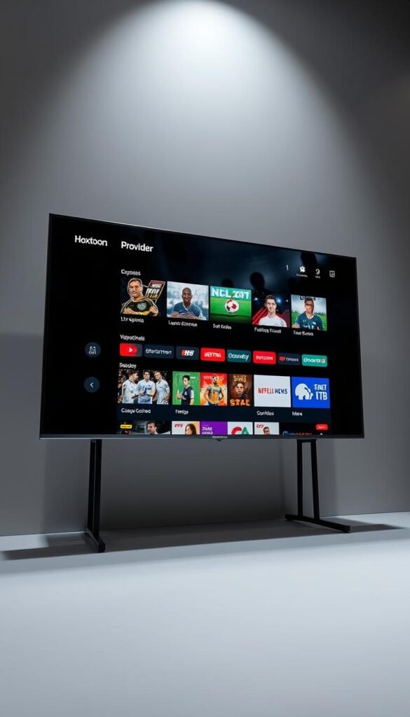 Sleek and modern sports channel streaming interface, centered on a 65-inch 4K display. The interface showcases the Hoxtoon Provider branding, with a clean and intuitive layout highlighting a variety of live sports events and on-demand content. Soft lighting illuminates the scene, creating a professional and immersive atmosphere. The camera angle is slightly low, emphasizing the scale and quality of the display. The background is a minimalist, studio-like setting with muted grays and whites, allowing the streaming interface to take center stage.