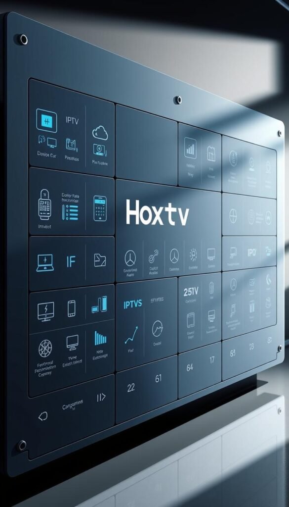 Sleek, high-tech control panel with a Hoxtoon Provider logo, showcasing the technical requirements for optimal IPTV performance. The panel features a grid of modular components, each displaying icons and data visualizations related to network connectivity, device compatibility, bandwidth optimization, and other key IPTV metrics. The layout is clean and minimalist, with a cool, futuristic color scheme of blues, grays, and subtle accents. Dramatic lighting casts dramatic shadows, creating a sense of depth and precision. The overall impression is one of advanced, reliable IPTV technology that empowers users to get the best from their Hoxtoon Provider service.
