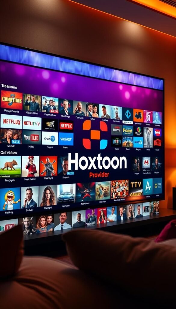 Streaming IPTV channels on a sleek, modern interface. A vibrant display showcases the vast selection of 21,000 live channels and 150,000 on-demand videos, all accessible on multiple devices. The Hoxtoon Provider logo prominently featured, inviting viewers to explore this ultimate entertainment solution. Warm lighting casts a cozy glow, creating an atmosphere of comfort and immersion. The scene is captured with a wide-angle lens, emphasizing the breadth of content available at the viewer's fingertips. This image conveys the idea of a comprehensive, user-friendly platform that caters to the diverse needs of modern viewers.