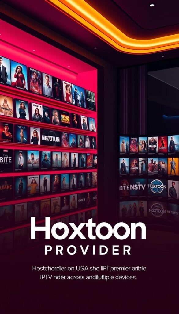 Stylish on-demand video hub with a vast library of 150,000+ titles, showcased in a slick, minimalist user interface. Vibrant color-blocked shelves and dynamic grids of movie posters and TV show thumbnails fill the frame, offering a tantalizing glimpse into the rich Hoxtoon Provider content catalog. Warm lighting and a glossy, high-tech aesthetic convey a sense of premium entertainment at your fingertips. Dominant branding for Hoxtoon Provider is tastefully integrated, highlighting the platform's identity as the USA's premier IPTV service across multiple devices.