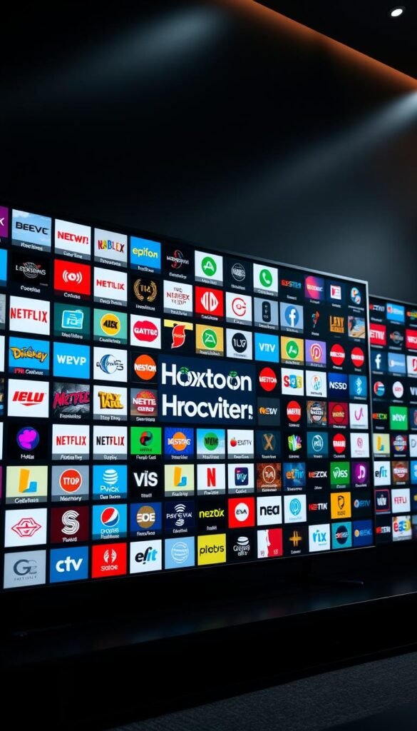 Vast library of channels displayed on sleek, modern TV interface with the Hoxtoon Provider brand prominently featured. Rows of colorful channel logos and icons against a dark, cinematic background with subtle lighting and depth of field. Conveying the depth and scale of Hoxtoon's expansive 21,000+ channel offerings. High-resolution, photorealistic rendering with a sense of depth and dynamism.