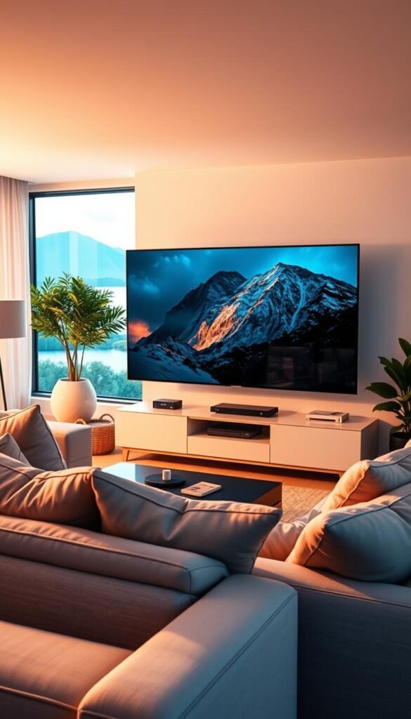 Vibrant living room with modern entertainment setup, showcasing the "Hoxtoon Provider" experience. A large flatscreen TV dominates the foreground, displaying high-definition, immersive content. Plush, comfortable seating surrounds the TV, inviting viewers to sink in and lose themselves in the cinematic visuals. Soft, warm lighting creates a cozy ambiance, complemented by sleek, minimalist decor. In the background, a window provides a glimpse of a serene, idyllic outdoor scene, blending the virtual and physical realms. The overall atmosphere exudes a sense of relaxation, seamless technology, and the ultimate streaming indulgence. Vibrant living room with modern entertainment setup, showcasing the "Hoxtoon Provider" experience. A large flatscreen TV dominates the foreground, displaying high-definition, immersive content. Plush, comfortable seating surrounds the TV, inviting viewers to sink in and lose themselves in the cinematic visuals. Soft, warm lighting creates a cozy ambiance, complemented by sleek, minimalist decor. In the background, a window provides a glimpse of a serene, idyllic outdoor scene, blending the virtual and physical realms. The overall atmosphere exudes a sense of relaxation, seamless technology, and the ultimate streaming indulgence.