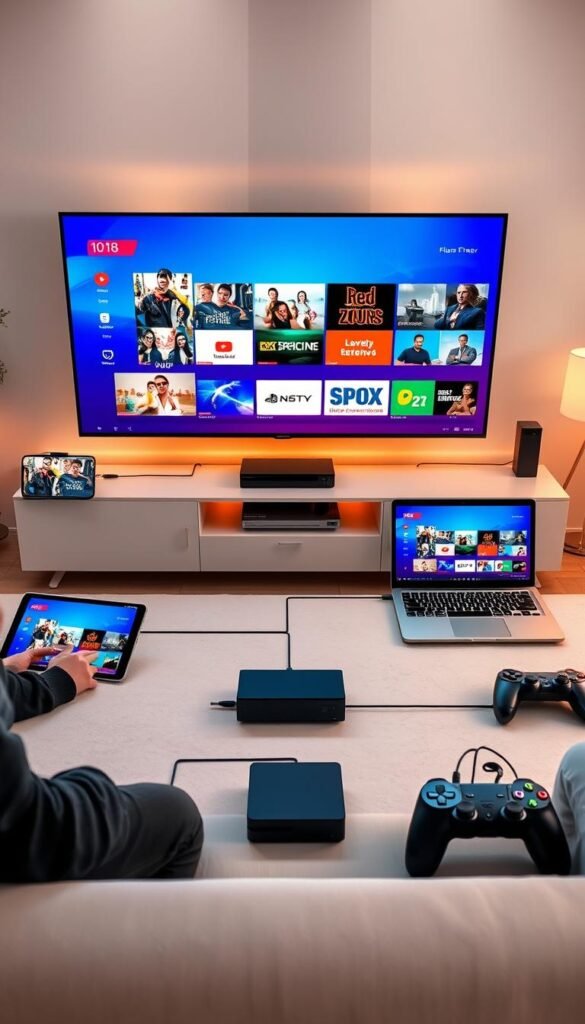Vibrant scene showcasing multiple devices seamlessly connected to the Hoxtoon Provider IPTV service. In the foreground, a sleek 4K smart TV displaying crisp, high-quality content. On the sides, a tablet, smartphone, and gaming console effortlessly streaming live channels and on-demand shows. The middle ground features a laptop and a streaming box, all integrated into a harmonious, multi-device ecosystem. Soft, warm lighting illuminates the setup, conveying a sense of ease and convenience. The background subtly hints at a modern, tech-savvy living space, emphasizing the versatility and accessibility of the Hoxtoon Provider IPTV solution.