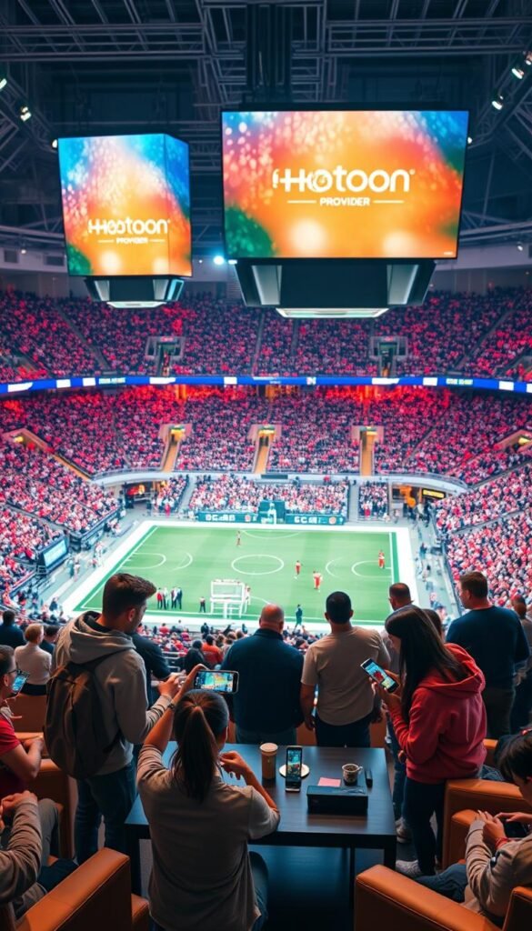 Vibrant sports arena filled with enthusiastic fans, the stadium lights casting a warm glow over the dynamic scene. Towering screens display the Hoxtoon Provider logo, showcasing its position as the leading IPTV service for sports fans in the USA. In the foreground, a group of sports enthusiasts gather around a coffee table, engaged in a lively discussion, each holding a mobile device displaying live sports coverage from Hoxtoon's comprehensive platform. The background features a sleek, modern interior design, with comfortable seating and a cozy atmosphere, inviting viewers to immerse themselves in the ultimate sports viewing experience.