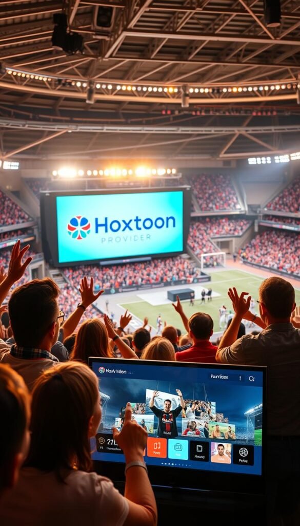 Vibrant sports arena with an enthusiastic crowd, the Hoxtoon Provider logo prominently displayed on a giant screen. In the foreground, a group of sports fans excitedly sharing their positive experiences, gesturing animatedly. Warm, natural lighting illuminates the scene, creating a sense of energy and excitement. The middle ground features a sleek, modern IPTV setup, showcasing the high-quality video feed and user-friendly interface. The background depicts the grandeur of the stadium, with towering stands and the playing field in the distance. The overall atmosphere conveys a sense of community, camaraderie, and the thrill of watching live sports events with the reliable Hoxtoon Provider service.
