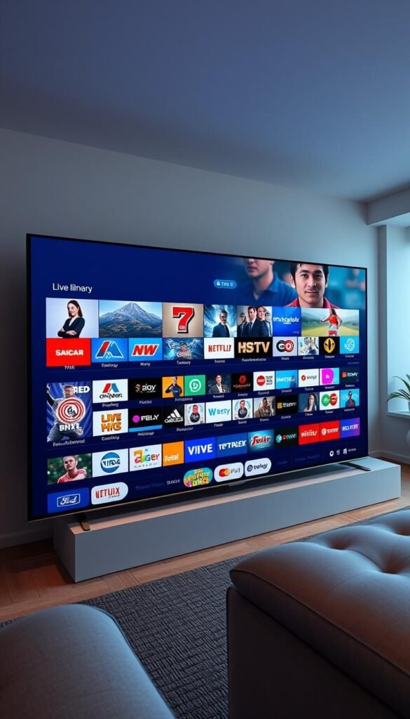 Vivid 4K view of a high-quality IPTV interface, with a sleek, minimalist design. Seamless integration of live channels, showcasing the Hoxtoon Provider's comprehensive library of over 21,000 channels, ranging from popular entertainment to niche content. The interface features a clean layout, with intuitive navigation and high-contrast visuals, creating an immersive viewing experience. Soft, diffused lighting illuminates the scene, highlighting the vibrant colors and crisp details of the channel icons and program information. The overall atmosphere conveys a sense of technological sophistication and unparalleled entertainment options, reflecting the power and versatility of the Hoxtoon Provider's IPTV service.