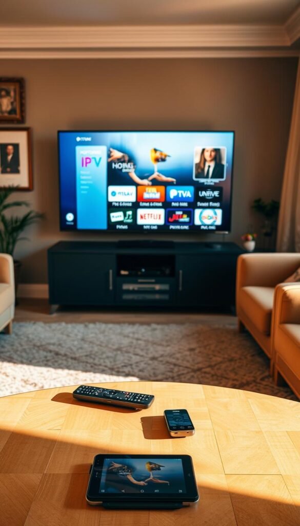 A French living room in the digital age, with a modern TV set displaying various IPTV service options, including the Hoxtoon Provider brand. The room is bathed in warm, natural lighting, showcasing a cozy, yet tech-savvy atmosphere. In the foreground, a stylish coffee table displays a remote control and a tablet, hinting at the seamless integration of traditional and digital media. The middle ground features a plush sofa and armchair, creating a comfortable viewing experience. The background subtly incorporates subtle French decor elements, such as framed artwork and potted plants, to evoke the Parisian setting. The overall scene captures the evolution of French television, blending the comfort of a home environment with the cutting-edge advancements of IPTV technology.