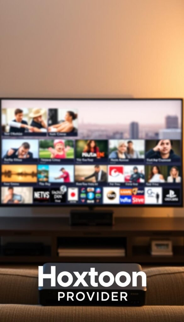A budget-friendly IPTV service with a sleek, modern interface. In the foreground, the Hoxtoon Provider logo stands out, conveying reliability and affordability. The middle ground showcases a diverse range of live TV channels and on-demand content, presented in a clean, grid-like layout. The background features a subtle cityscape, hinting at the global reach and accessibility of this IPTV solution. Soft, warm lighting sets a welcoming atmosphere, while the camera angle suggests a bird's-eye view, emphasizing the comprehensive nature of the service. The overall impression is one of a cost-effective, user-friendly IPTV platform that caters to the needs of budget-conscious consumers.