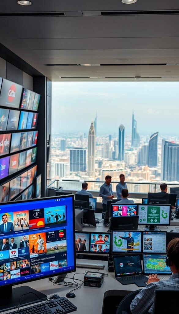 A bustling Arabic IPTV service hub, showcasing the Hoxtoon Provider brand prominently. In the foreground, a sleek, high-tech interface displays a diverse array of Arabic TV channels, movies, and on-demand content. The middle ground features a team of technicians diligently monitoring the system, ensuring smooth and reliable service. In the background, a panoramic view of a modern, skyline-dominated cityscape, symbolizing the growing global demand for accessible, affordable Arabic entertainment. Crisp, high-contrast lighting accentuates the cutting-edge technology and dynamic energy of this thriving IPTV ecosystem.