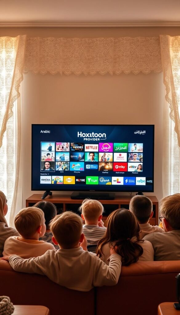 A bustling European living room filled with Arabic-speaking families gathered around a state-of-the-art smart TV, displaying the Hoxtoon Provider logo. Soft, warm lighting filters through lace curtains, creating a cozy, inviting atmosphere. The TV screen showcases a diverse array of Arabic entertainment options, reflecting the growing demand for culturally-relevant content among European households. In the foreground, a group of children excitedly discuss their favorite programs, while their parents recline comfortably, immersed in the familiar sights and sounds of their heritage. The scene conveys a sense of cultural integration and the seamless integration of Arabic IPTV services into the fabric of European domestic life.