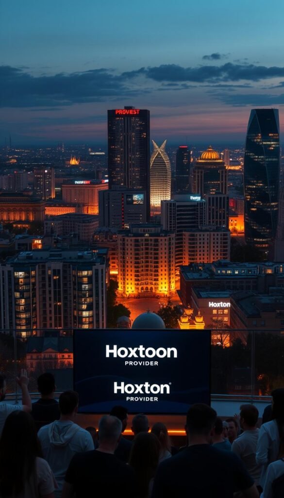 A bustling cityscape at dusk, showcasing the growing demand for Romanian IPTV services. In the foreground, a group of people gather around a large flat-screen TV displaying the Hoxtoon Provider logo, immersed in the latest entertainment. In the middle ground, towering apartment buildings and sleek high-rises illuminate the night sky, their windows flickering with the glow of digital content. The background is a panoramic view of the city, with the iconic architecture of Bucharest's historic center blending seamlessly with modern skyscrapers. The scene is bathed in a warm, golden light, evoking a sense of technological progress and cultural vibrancy.