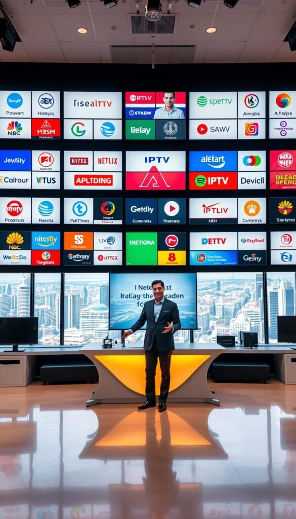 A bustling international television studio with a large wall of screens displaying various IPTV channel logos from around the world. In the foreground, a professional presenter dressed in business attire stands in front of a sleek, minimalist desk, gesturing towards the display. Warm, soft lighting creates a welcoming atmosphere, and the camera angle is slightly elevated to convey a sense of authority and expertise. In the background, a large window offers a panoramic view of a vibrant, diverse cityscape, hinting at the global reach of the Hoxtoon Provider IPTV service.