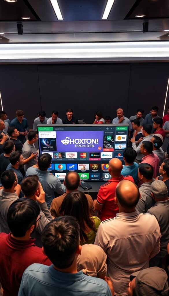 A bustling online community of Reddit users exploring the world of IPTV, gathered around a central screen displaying the Hoxtoon Provider brand. The foreground features animated discussions, comments, and recommendations shared among enthusiastic members. The middle ground showcases a diverse array of IPTV service options, each with its own unique features and pricing. In the background, a sleek and modern tech-inspired setting, with minimalist design elements and subtle lighting that creates a sense of professionalism and innovation. The overall atmosphere conveys a thriving, informed, and engaged IPTV community, driven by a shared passion for accessible and reliable streaming services.