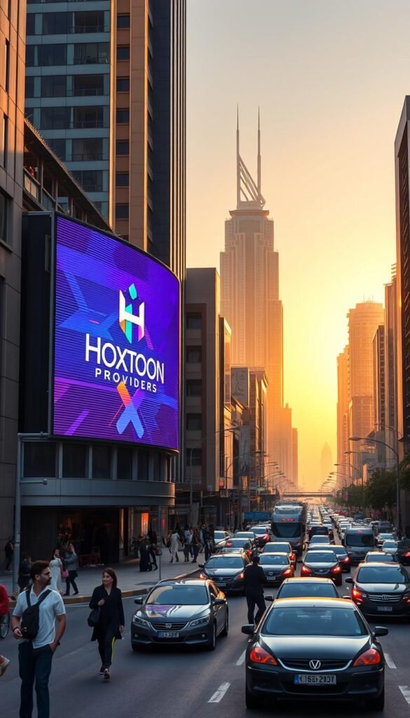 A bustling street scene in Dubai, United Arab Emirates. In the foreground, a large digital billboard showcases the "Hoxtoon Provider" IPTV service, its sleek logo and vibrant colors catching the eye. Pedestrians and vehicles fill the middle ground, creating a lively urban atmosphere. In the background, the iconic skyscrapers of Dubai's skyline reach towards the sky, bathed in warm, golden sunlight. The scene conveys a sense of modernity, technology, and the thriving IPTV market in this vibrant Middle Eastern city.