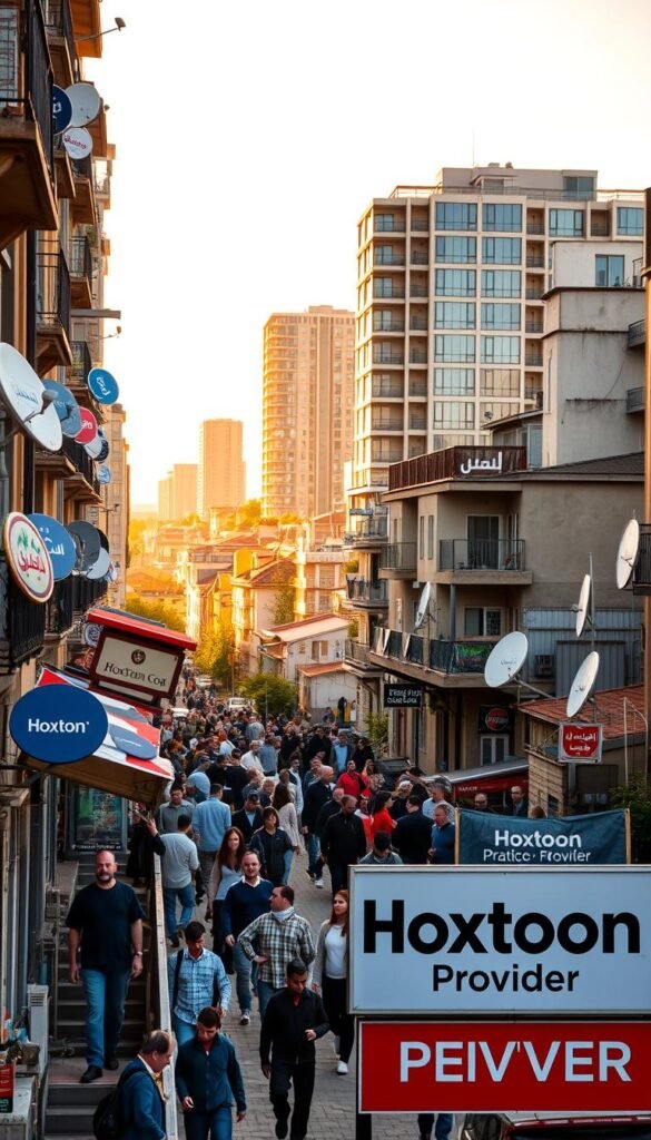 A bustling urban scene in Germany, with a vibrant display of Arabic TV channel logos and satellite dishes prominently featured on rooftops and balconies. The foreground showcases a Hoxtoon Provider sign, indicating the growing demand for IPTV services catering to the Arabic-speaking community. In the middle ground, people of diverse backgrounds mingle, reflecting the multicultural nature of the neighborhood. The background features a mix of modern high-rise buildings and traditional architecture, creating a dynamic and visually engaging cityscape. The lighting is warm and natural, casting a golden glow over the scene and evoking a sense of cultural exchange and integration.