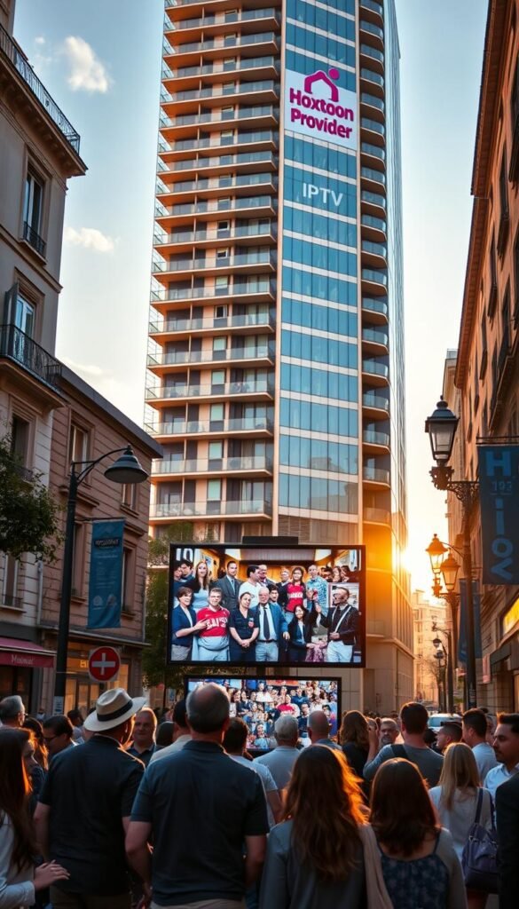 A busy Italian city street, with a modern high-rise building in the background featuring a prominent "Hoxtoon Provider" logo. In the foreground, a group of people gathered around a large screen displaying a live IPTV feed, immersed in the content. The scene is bathed in warm, natural lighting, creating a welcoming and inviting atmosphere. The pedestrians on the street below are going about their daily lives, hinting at the growing integration of IPTV services into the urban landscape of Italy.